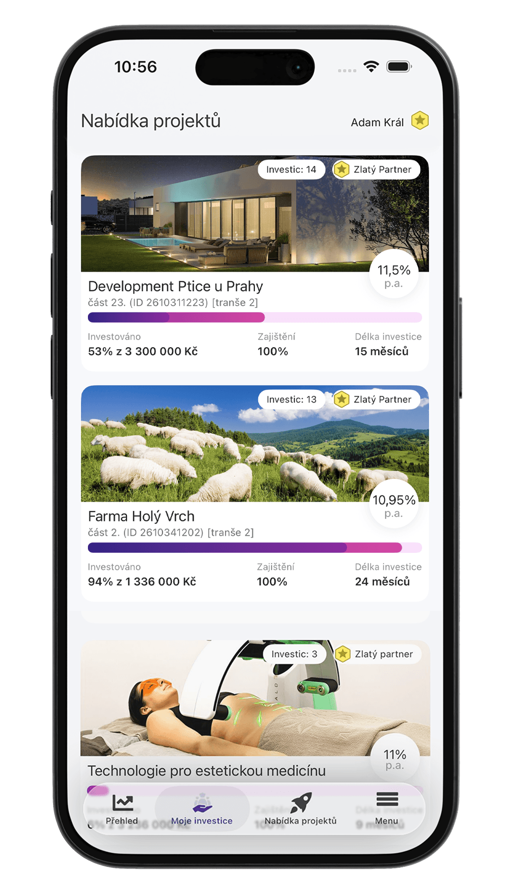 Mobilní aplikace Finvestor s nabídkou projektů