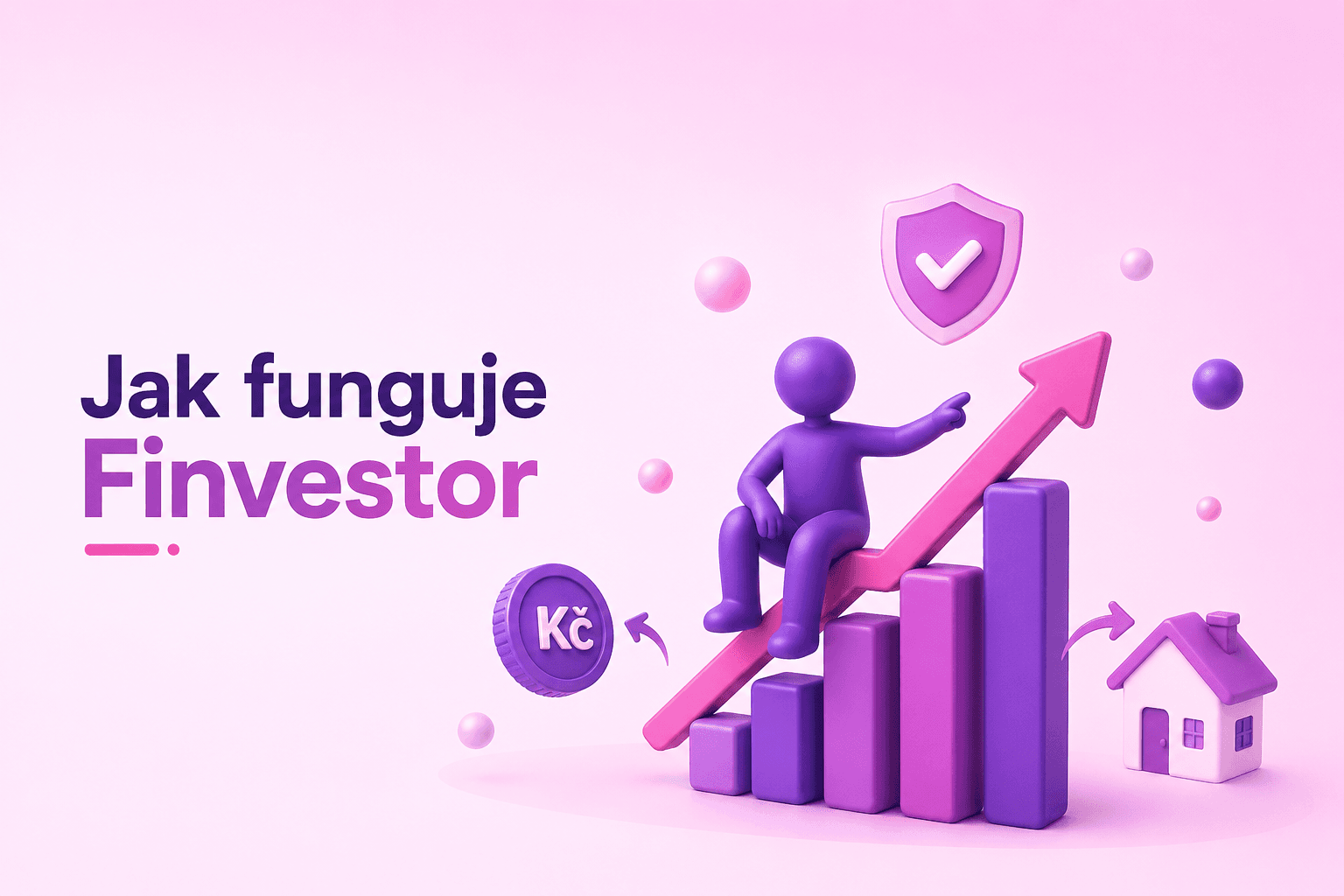 3D ilustrace investora stoupajícího po rostoucím sloupcovém grafu s nápisem Jak funguje Finvestor