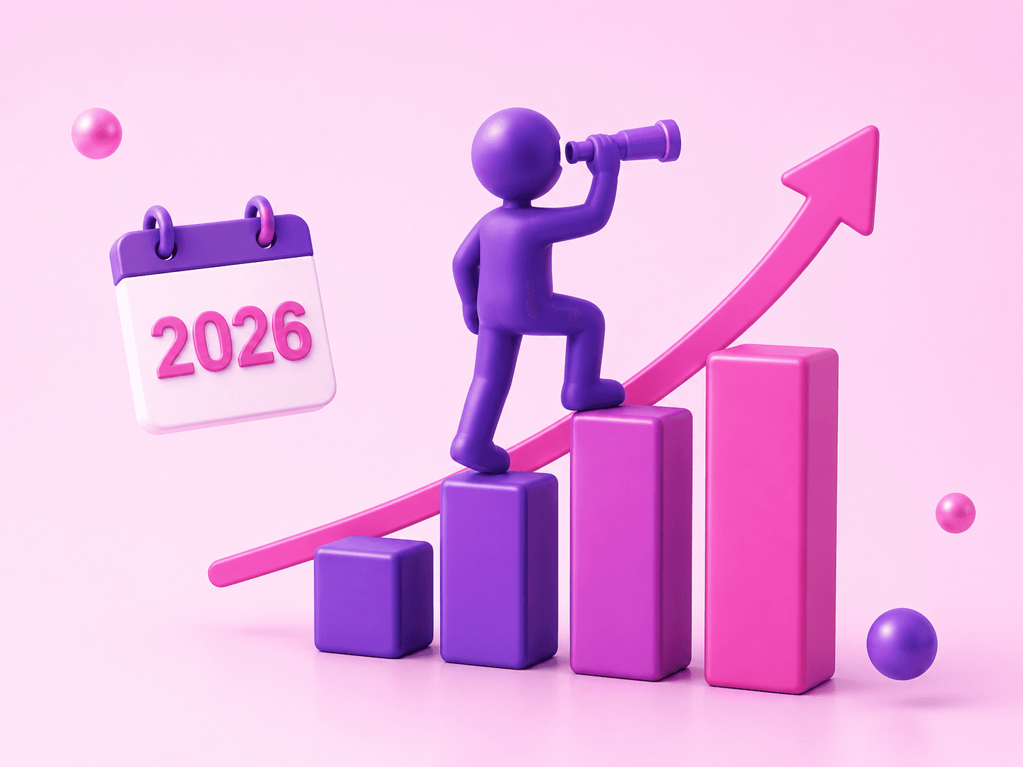 3D ilustrace investora s dalekohledem na vrcholu rostoucího grafu vedle kalendáře s rokem 2026