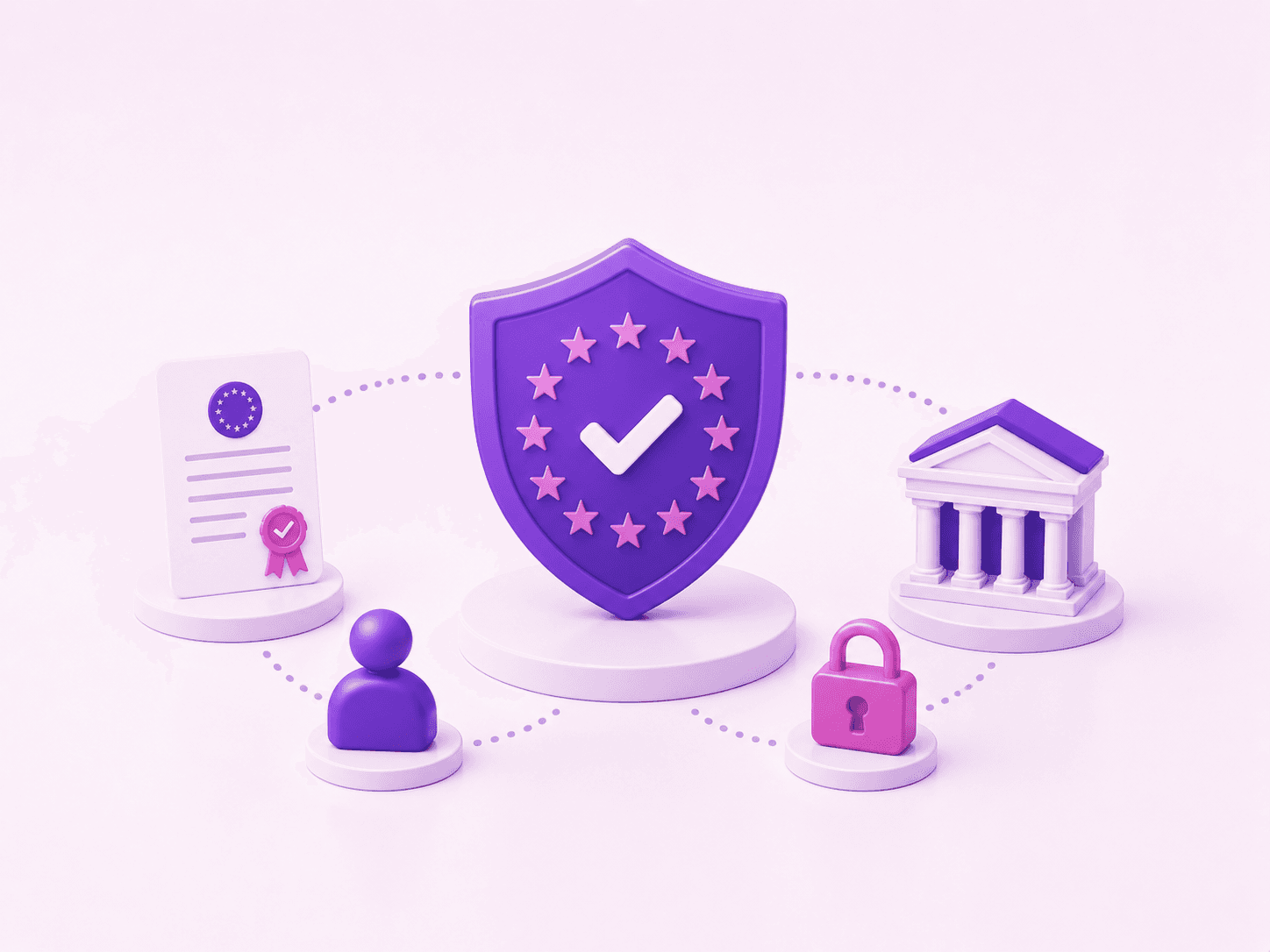 3D ilustrace ochranného štítu s hvězdami EU, certifikátu, budovy regulátora a zámku symbolizující licencovanou platformu